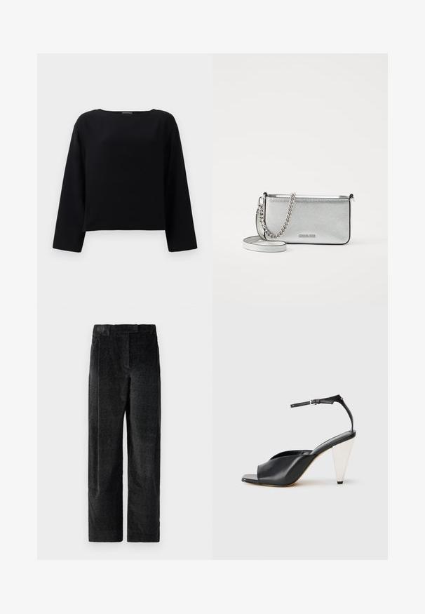 Svart, långärmad topp med en rund halsringning, tillverkad av slät tyg. Designen är kort med en rak skärning i nederkanten. Minimalistisk stil.; Svarta, texturerade byxor med vida ben och en uttalad väv, med framveck och platt midjeband. Klassisk design för mångsidighet.; Svart läder hög klack sandalett med öppen tå, asymmetrisk design, ankelrem och en metallisk konformad klack. Slät textur genomgående.; Sömlös crossbody-väska i silverläder med texturerad yta, kedje- och remaccent och dragkedjestängning. Har en logotyp på framsidan.