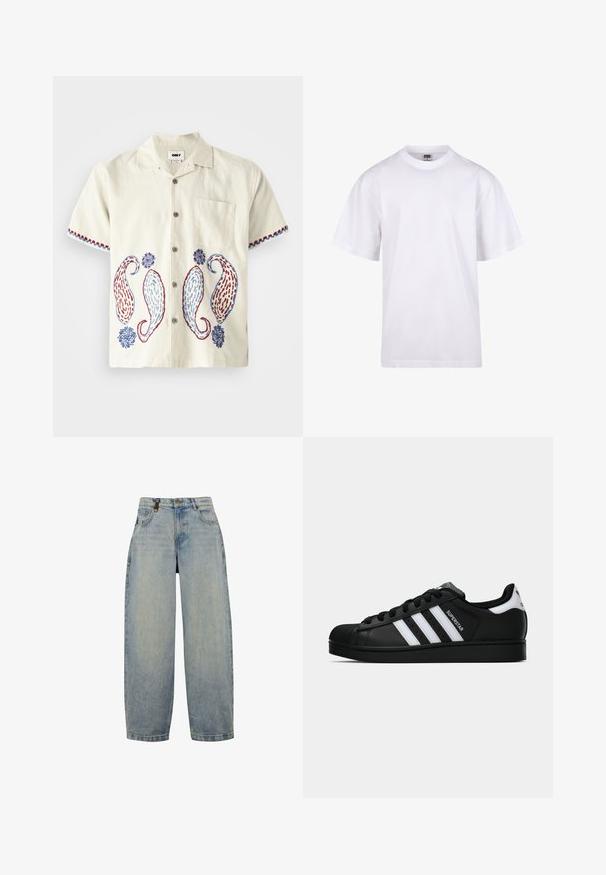 Korte mouwen, lichtbeige shirt van katoen met paisley borduursel in blauw en rood. Voorzien van een borstzak en knoopsluiting.; Witte katoenen t-shirt met een ronde hals, korte mouwen en een relaxte pasvorm. Heeft een eenvoudig ontwerp zonder patronen of accenten.; Lichtblauwe denim jeans met een ontspannen pasvorm, voorzien van een hoge taille, wijde pijpen, een klassiek vijf-pocket ontwerp en metalen hardware accenten.; Zwarte Adidas Superstar sneaker met witte strepen, schelpneus en 'Superstar' tekst aan de zijkant, afgebeeld in zijaanzicht op een witte achtergrond.