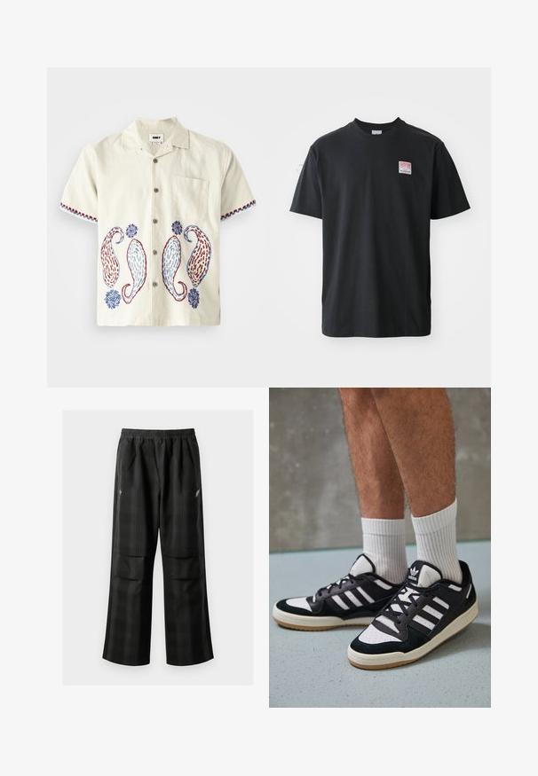 Majica s kratkimi rokavi, svetlo bež barve, izdelana iz bombaža, z vezenjem v vzorcu paisley v modri in rdeči barvi. Ima žep na prsih in gumbasto zapiranje.; Črna bombažna majica s kratkimi rokavi in okroglim ovratnikom ter majhno obarvano nalepko na levem prsnem delu, na kateri je napisano "SUPERIOR".; Črne karirane hlače z elastičnim pasom, dvema sprednjima žepoma in ohlapnim krojem s pravimi nogavicami. Narejene so iz lahke tkanine.; Črno-bele superge z zgornjim delom iz usnja in nubuka, ki imajo tri bele črte, perforiran vrh prstov in podplat iz gume.