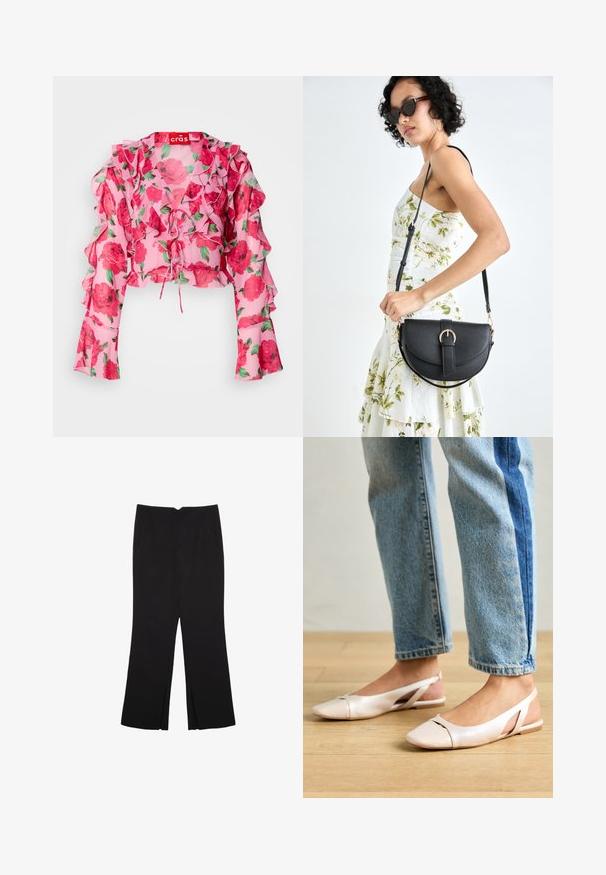 Różowy kwiatowy crop top z falbaniastymi rękawami, z przodem do związania oraz lekkim, przezroczystym materiałem w czerwone róże i zielone liście.; Czarne spodnie o prostym kroju, z przednimi kieszeniami i bocznymi rozcięciami na dole. Wykonane z miękkiego, gładkiego materiału. Odpowiednie na różne okazje.; Jasnoróżowe baleriny na odkrytej pięcie z wąskim noskiem, wykonane z gładkiego materiału imitującego skórę. Posiadają wycięcia po bokach oraz płaski obcas.; Czarna skórzana torebka o zakrzywionym kształcie, z odpinanym paskiem i złotymi akcentami. Torebka posiada klapę z zapięciem w kształcie klamry.