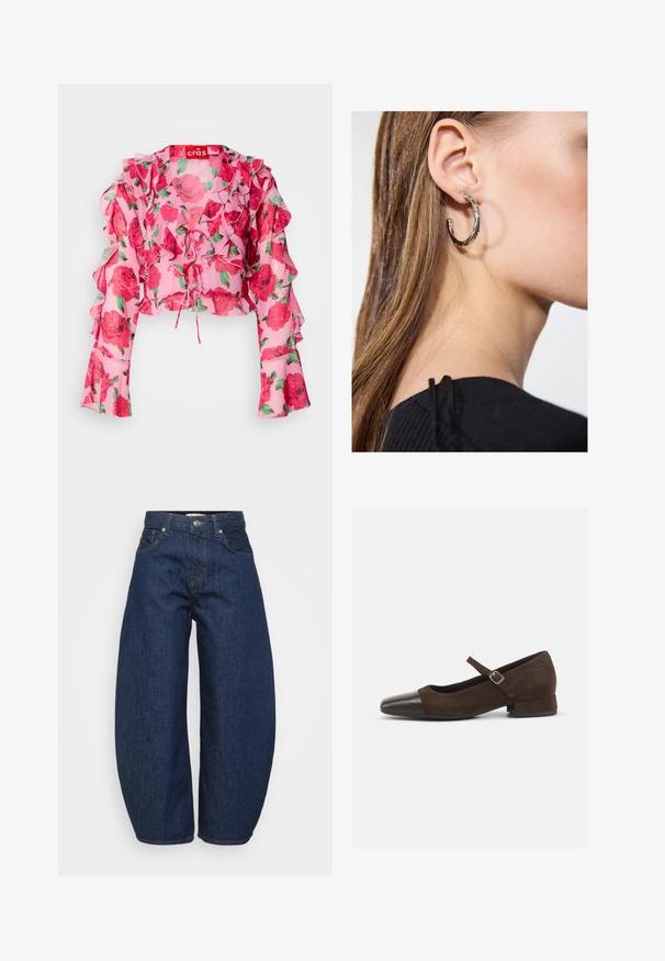 Rozā ziedu kroplīnā tops ar pufuļainām piedurknēm, saites priekšpusi un vieglu, caurspīdīgu audumu ar sarkano rožu rakstiem un zaļām lapām.; Tumši zili džinsa džinsi ar plašu, vaļīgu pieguļošanu. Ir rāvējslēdzēja aizdare, četri kabatas un kontrastējošas šuves gar šuvēm.; Brūni zamšādas Mary Jane apavi ar melnu lakotu purngalu, regulējamu siksniņu un zemu blokveida papēdi. Gluda tekstūra ar minimāliem akcentiem.; Sudraba auskars ar pulētu apdari, ar maziem zelta akcentiem un apaļu formu, uz ausu ļipiņas.