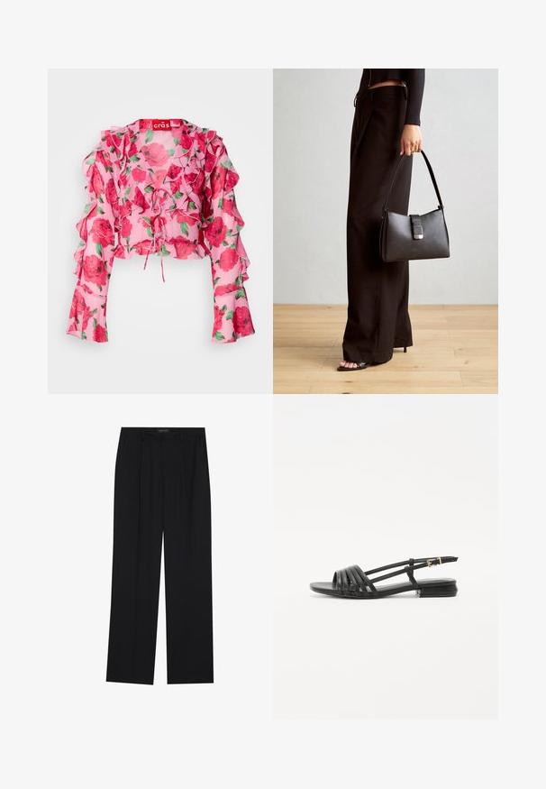 Rozā ziedu kroplīnā tops ar pufuļainām piedurknēm, saites priekšpusi un vieglu, caurspīdīgu audumu ar sarkano rožu rakstiem un zaļām lapām.; Melni bikses ar taisnu kāju dizainu, kurām ir divi priekšējie kabatas un jostasvieta. Izgatavotas no gludas, vieglas auduma.; Melnas plakanas sandalēs ar jostu dizainu, kas ietver vairākas ādas jostas un šauru potītes sprādzi. Zole ir plakana un taisnstūrveida.; Melnā somiņa ar strukturētu formu, gludu tekstūru un metālu sprādzi. Saskaņota ar platām melnām biksēm un sandālēm ar atvērtu purngalu uz koka grīdas.