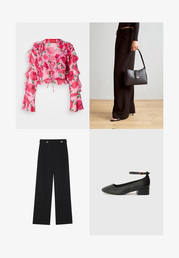 Roosa lilleline lühike topp ripsmetega varrukatele, side-eesmine detail ja kerge, läbipaistev kangas koos punaste rooside mustri ja roheliste lehtedega.; Mustad laiad püksid kõrge vöökoha ja nööpdetailidega vööandil, esikortsudega.; Must mustaapp, millel on terav nina ja madal blokk-kand. Omab pahkluu rihma koos kuldse tooni pandlaga. Sile tekstuur.; Must musta kott, millel on struktureeritud kuju, sile tekstuur ja metallist klamber. Kombineeritud laiate mustade pükstega ja avatud varvaste sandaalidega puidust põrandal.