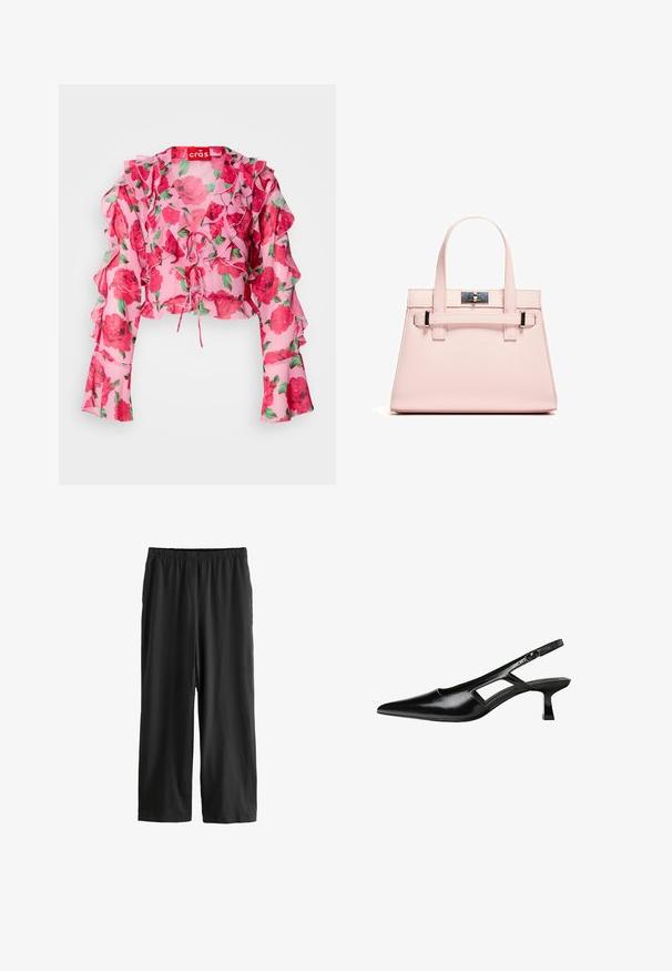 Ružičasti cvjetni crop top s volanastim rukavima, detaljem na vezanje sprijeda i laganom, prozirnom tkaninom s uzorkom crvenih ruža i zelenih listova.; Crne hlače do koljena izrađene od lagane tkanine. Elastična pojasnica i glatka tekstura s ravnim krojem. Nema vidljivih detalja ili uzoraka.; Crne lakirane natikače na remenčić sa špicastim nosom, dizajnom sa izrezima sa strane i malim kvadratnim potplatom. Glatka tekstura s minimalnim akcentima.; Ružičasta strukturirana torba od teksturirane kože, s dva gornja ručka, zatvaranjem na kopču i kontrastnim metalnim detaljima.