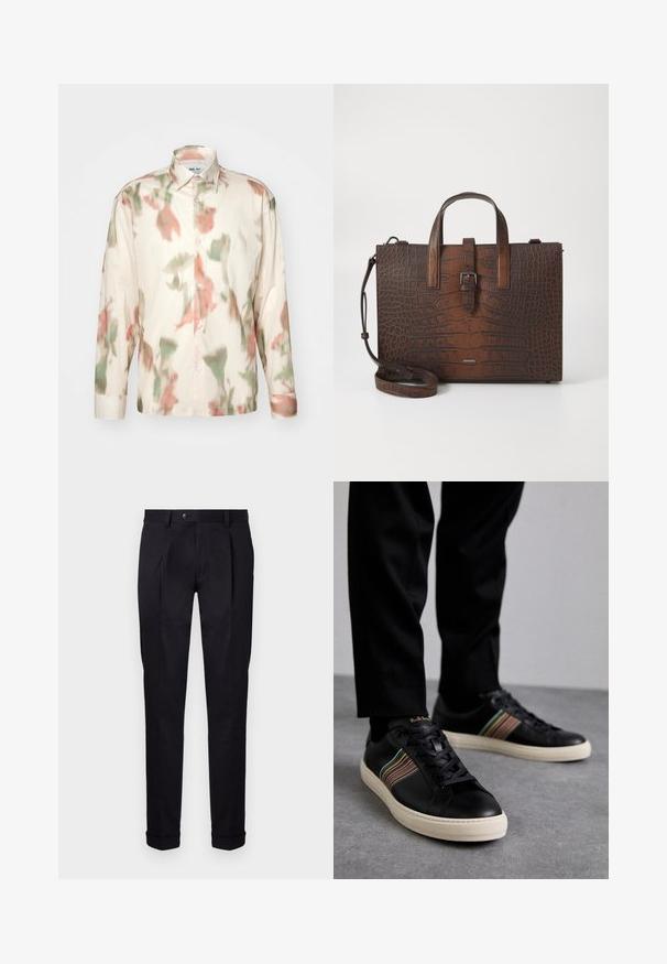 NN.07 FREDDY - Ing - sand; Fekete, testreszabott nadrág sima anyagból, lapos elejű, két elülső redővel és cuffolt szegéllyel, amely tiszta, strukturált megjelenést kölcsönöz.; Fekete bőr sportcipők színes csíkozással, kerek orral és fehér gumitalppal, fűzős kialakítással és dombornyomott logóval.; Barna krokodilbőr hatású bőr kézitáska tetejére erősített füllel és levehető vállpánttal. Csattal záródik, és téglalap alakú.