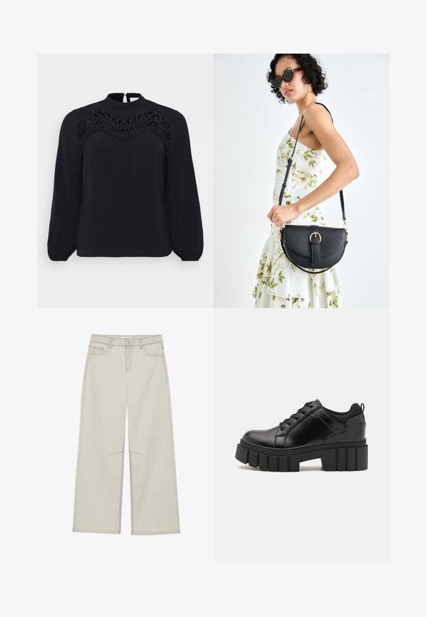 ONLY Carmakoma CARMETTE - Camicetta - black; Pantaloni a gamba larga grigio chiaro con cinque tasche, chiusura frontale con bottone e cuciture a contrasto lungo le cuciture. Il tessuto appare morbido e resistente.; Scarpe platform in pelle nera con tacco a blocco robusto, punta rotonda e design tradizionale con lacci. Presentano una superficie liscia e dettagli minimi.; Borsa a tracolla nera in pelle con una forma curva, manico rimovibile e accessori dorati. La borsa presenta una patta con un dettaglio a fibbia.