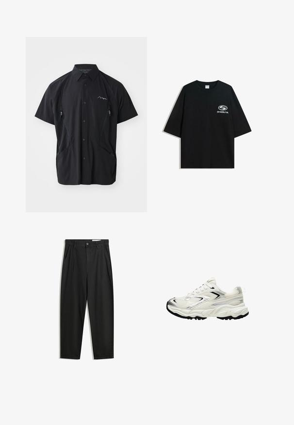 Schwarzes Kurzarmhemd aus leichtem Material, mit einem kragenlosen Ausschnitt, zwei Brusttaschen mit Reißverschluss und einem Berglogo auf der linken Seite.; Schwarzes oversized Baumwoll-T-Shirt mit Rundhalsausschnitt und kurzen Ärmeln, auf der Vorderseite mit einem weißen "Shibuya"-Logo bedruckt.; Schwarze Baumwollhose mit lockerem Schnitt, ausgestattet mit einem klassischen Bund, vorderen Falten und Seiten taschen. Glatte Textur ohne Muster.; Weiße Sneaker mit einem Obermaterial aus Mesh, silbernen Akzenten, schwarzer Sohle und strukturierten Einsätzen. Verfügt über ein Schnürdesign und eine abgerundete Zehenform.
