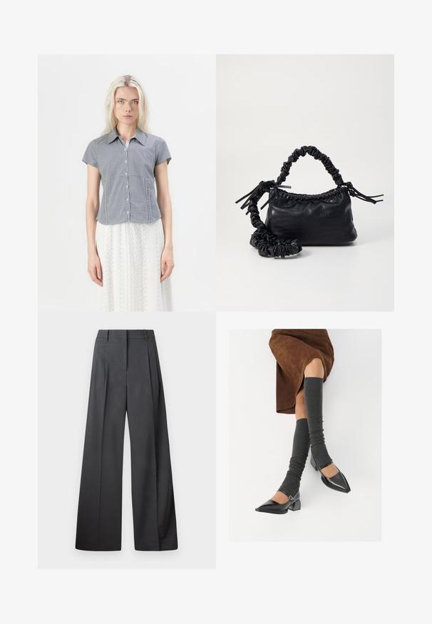 Hollister Co. Button-down blouse - dark blue; Wide-leg trousers in dark gray fabric, featuring a high waist, single pleats, and a smooth texture with a clean finish at the hems.; Black patent leather pointed-toe shoes with a block heel and ankle strap, paired with gray ribbed leg warmers and a brown suede skirt.; Black faux leather handbag with a crocodile texture, cinched top, and a scrunched strap. Appears soft and compact in design.