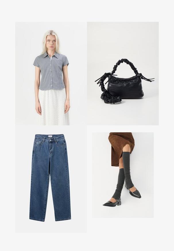 Hollister Co. Blusa com botões - dark blue; Jeans de denim azul clássicos com um design de perna reta, cinco bolsos e fecho de botão. Apresenta um tratamento médio e uma textura resistente.; Sapatos pretos de pele lacada com biqueira pontuda, salto bloco e tiras no tornozelo, combinados com caneleiras cinzas em malha e uma saia de camurça castanha.; Bolsa de mão em couro sintético preto com textura de crocodilo, topo franzido e alça enrugada. Apresenta um design suave e compacto.