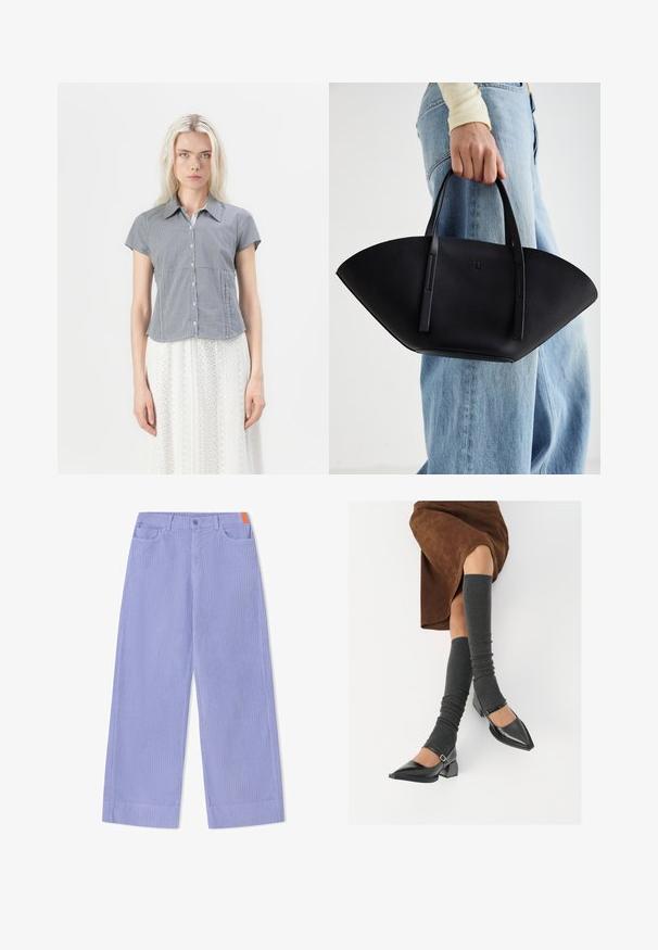 Hollister Co. Cămașă - dark blue; Pantaloni evazați din material violet deschis cu dungi, cu închidere frontală cu nasturi, două buzunare și un accent portocaliu pe talie.; Pantofi negri din piele lacuită, cu vârful ascuțit, toc bloc și curea la glezna, asortați cu jambiere gri cu nervuri și o fustă din suede maro.; Geantă de piele neagră cu o formă unică de evantai, având mânere plate. Suprafața are o textură cu mici granule și un design minimalist.