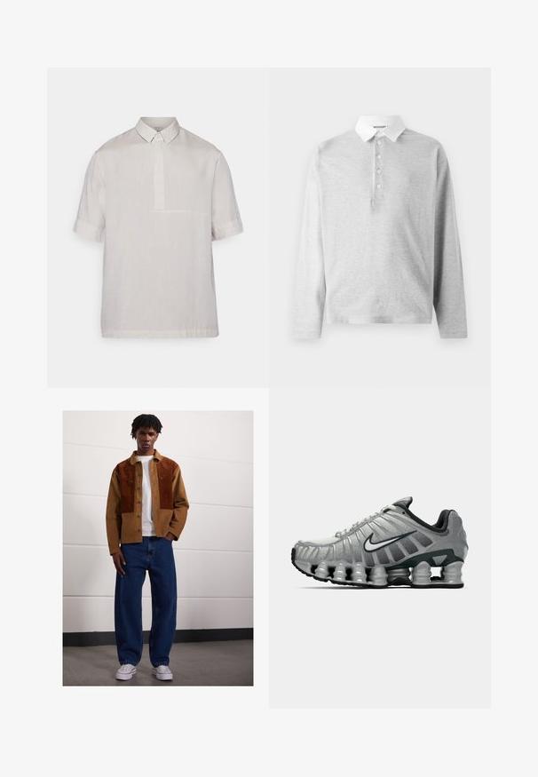 Korte ermers skjorte med krage i lys beige lin. Har en halv knappestolpe og subtil tekstur. Renslig, minimalistisk design.; Lys grå langermet polo skjorte laget av myk stoff, med krave i hvit og fire knapper. Jevn tekstur, uformell design.; Mann som står innendørs iført en brun kordfløyelsjakke med rustfargede flekker, hvit t-skjorte, løse blå jeans og hvite sneakers.; Grå og svart Nike løpesko med synlig fjærlignende demping under sålen og en hvit swoosh-logo på siden.