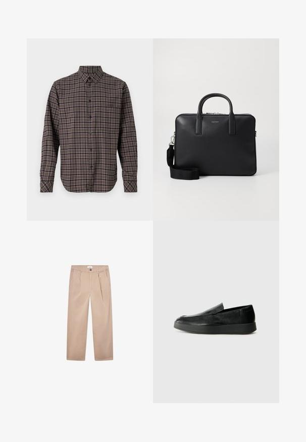 Langermet flanellskjorte i mørk grønn, med rutete mønster i rosa og hvite linjer, knappestengning og en enkelt brystlomme.; Kaki bukser laget av bomull med rette ben, med to frontlommer, knappelukking og klassisk passform.; Calvin Klein HYBRID CUP - Slippers - triple black; Svart lær arbeidsveske med strukturert overflate, doble håndtak, avtakbar skulderrem, og frontlogo. Glidelås-lukking.