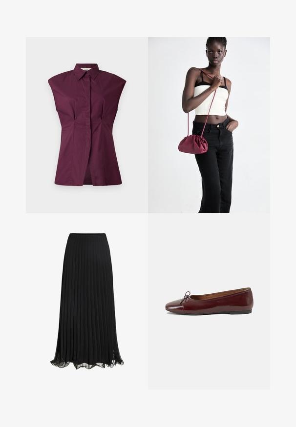 Maroon collared shirt with unique wide shoulder design, front pleats, and a seamless finish, made from a smooth cotton blend fabric.; Black pleated maxi skirt made of lightweight fabric with a flowing design. Features a ruffled hem and elastic waistband for comfort.; Burgundy patent leather ballet flat with a rounded toe, small bow accent at the front, and a low, black rubber sole. Smooth texture.; Burgundy soft fabric handbag with a gathered design and a long strap, worn crossbody. Model wears a white crop top and black jeans.