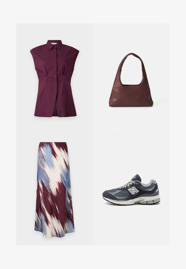 Burgundowa koszula z kołnierzykiem o unikalnym szerokim fasonie, z pliskami z przodu i bezszwowym wykończeniem, wykonana z gładkiej mieszanki bawełny.; Długa spódnica z skośnym wzorem tie-dye w kolorach burgundowym, niebieskim i kremowym, wykonana z miękkiego materiału o płynnej sylwetce i delikatnym połysku.; Sneakers New Balance z górną częścią z siateczki i zamszu w kolorze granatowym, szarymi akcentami, białym logo, amortyzowaną podeszwą oraz z fakturowymi detalami.; Bordowa skórzana torebka o trójkątnym kształcie, z otwartym wierzchem i plecionym detalem na uchwycie. Gładka tekstura z matowym wykończeniem.
