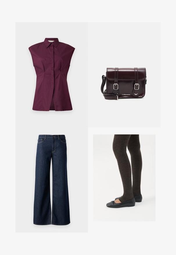 Camicia col colletto bordeaux con un originale design delle spalle larghe, pieghe frontali e una finitura senza cuciture, realizzata in un morbido tessuto misto cotone.; Jeans a gamba larga in denim blu scuro. Presentano cuciture a contrasto, cinque tasche e una chiusura con bottone in vita. Texture morbida.; Scarpe nere a flat con un piccolo fiocco sulla punta, abbinate a collant a coste marrone scuro. Le scarpe hanno una texture liscia e un profilo basso.; Borsa a tracolla in pelle verniciata bordeaux con forma rettangolare, due manici, accessori in argento e chiusura a patta.