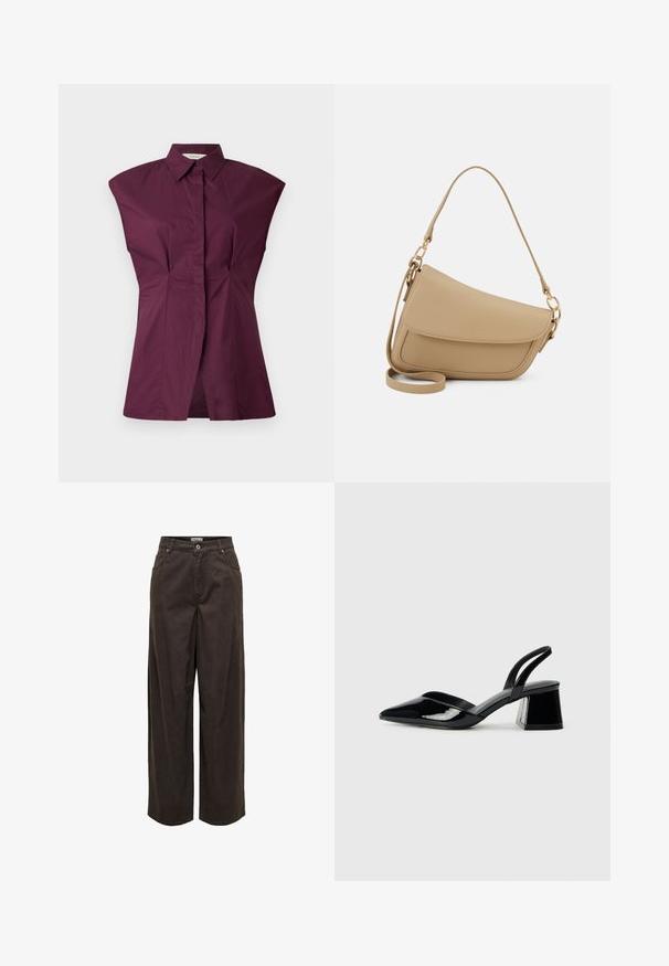 Burgundi värvi Kraedega särk, millel on ainulaadne lai õlavarre disain, esiplekid ja sujuv viimistlus, valmistatud siledast puuvilla segust kangast.; Tumed pruunid laia säärega püksid, valmistatud puuvillast, klassikalise vöökohaga, vetthülgava taljega, viie tasku ja minimalistlike õmblusdetailidega.; Mustad musta lakknahk kingad, millel on terav varvas ja geomeetriline plokkkonts. Omab elegantselt minimalistlikku disaini ja sujuvat tekstuuri.; Even&Odd Käekott - beige