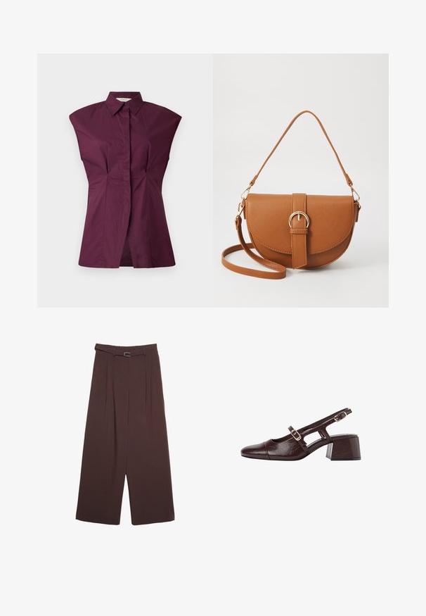 Bordová košeľa s golierom a jedinečným širokým strihom na pleciach, prednými záhybmi a bezšvovým prepracovaním, vyrobená z hladkej zmesi bavlny.; Stradivarius WIDE-LEG WITH BUCKLE DETAIL - Nohavice - dark brown; Hnedé kožené sandále na podpätku so štvrtkovým špičkou, vyrezávanými bokmi a blokovým podpätkom. Obsahujú pracku na pásiku okolo členka.; Hnedá kožená kabelka cez telo s zakriveným tvarom, zlatými kovovými doplnkami a akcentom s prackou. Obsahuje odnímateľný ramenný popruh.