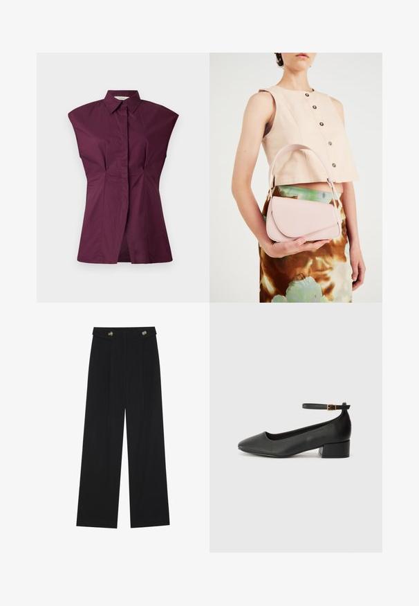 Burgundi värvi Kraedega särk, millel on ainulaadne lai õlavarre disain, esiplekid ja sujuv viimistlus, valmistatud siledast puuvilla segust kangast.; Mustad laiad püksid kõrge vöökoha ja nööpdetailidega vööandil, esikortsudega.; Must mustaapp, millel on terav nina ja madal blokk-kand. Omab pahkluu rihma koos kuldse tooni pandlaga. Sile tekstuur.; Roosa nahast käekott, millel on kõver klapp, üks õlarihm ja puhtad jooned. Kotil on sile pind ja minimalistik disain.