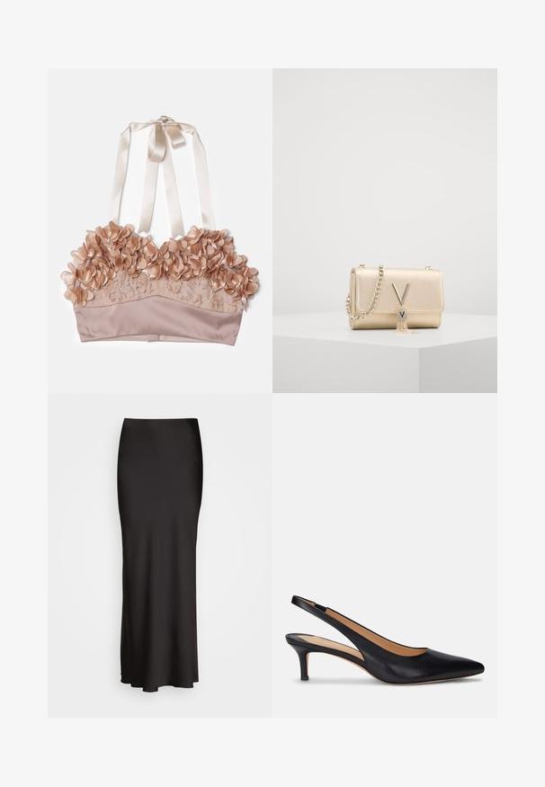 Hautfarbener Bralette mit floralen Verzierungen, Spitzenstoff, satinierter Unterlage und verstellbaren Satinbändern.; Schwarzer, bodenlanger Satinrock mit glatter Textur, tailliertem Bund und A-Linien-Silhouette, ohne sichtbare Verzierungen oder Muster.; Schwarzer Leder Slingback-Pump mit spitzer Zehenform, niedrigem Kitten-Absatz und glatter Oberfläche. Verfügt über ein offenes Rückendesign und minimale Nahtdetails.; Gold metallische Handtasche mit strukturiertem Finish, ausgestattet mit einer Kettenriemen und einem V-förmigen Verschluss mit einem Quasten-Detail. Kompakte rechteckige Form.