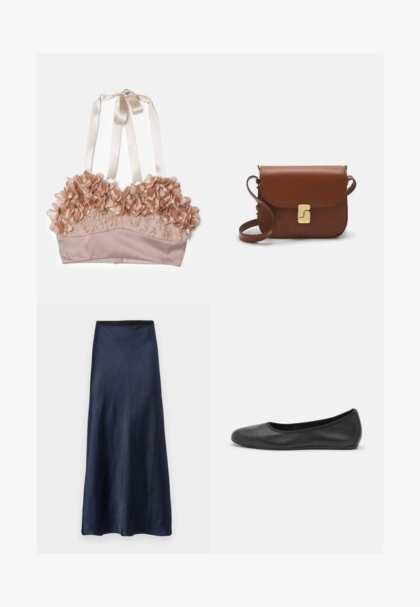 Hautfarbener Bralette mit floralen Verzierungen, Spitzenstoff, satinierter Unterlage und verstellbaren Satinbändern.; Marineblaue Satin-Midirock mit glatter Textur, ausgestelltem Design und einem schwarzen elastischen Taillenbund. Keine Muster oder sichtbaren Beschläge.; Schwarze Leder-Ballettschuhe mit abgerundeter Spitze, glatter Textur, minimalen Nähdetails und einem flexiblen Sohlen-Design.; Braune Ledertasche mit Klappenverschluss, Beschlägen in Goldfarbe, einem Schultergurt und einer glatten Oberfläche. Kompakte rechteckige Form.