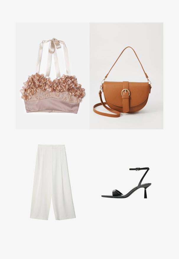 Hautfarbener Bralette mit floralen Verzierungen, Spitzenstoff, satinierter Unterlage und verstellbaren Satinbändern.; Weiße, weite, knöchellange Hosen mit glatter Textur, flachem Vorderteil und ohne sichtbare Verschlüsse oder Taschen.; Bershka High Heel Sandalette - black; Braune Leder-Crossbody-Tasche mit geschwungener Form, goldfarbenen Beschlägen und einer Schnallenakzentuierung. Verfügt über einen abnehmbaren Schultergurt.