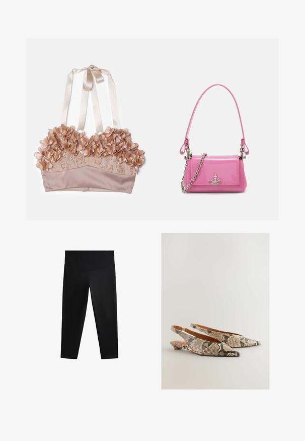 Nude-colored bralette featuring floral embellishments, lace fabric, satin underlay, and adjustable satin ribbons.; Black athletic leggings featuring a high waistband, smooth fabric, and a fitted silhouette, designed for ease of movement and comfort.; Next REGULAR FIT FOREVER COMFORT POINT TOE - Slingback ballet pumps - snake; Pink patent leather handbag with a rectangular shape, detachable chain strap, and silver hardware detail on the front.