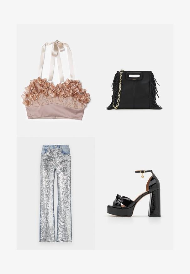 Hautfarbener Bralette mit floralen Verzierungen, Spitzenstoff, satinierter Unterlage und verstellbaren Satinbändern.; Silberne Pailletten-Jeans mit weitem Schnitt, einem Denim-Bund und Seiten, die eine strukturierte, reflektierende Oberfläche erzeugen.; Maje High Heel Sandalette - noir; Schwarze Lederhandtasche mit Fransen-Details, goldener Ketten-Schulterriemen und einem ausgeschnittenen Griff. Mit Logoplatzierung auf der Vorderseite.