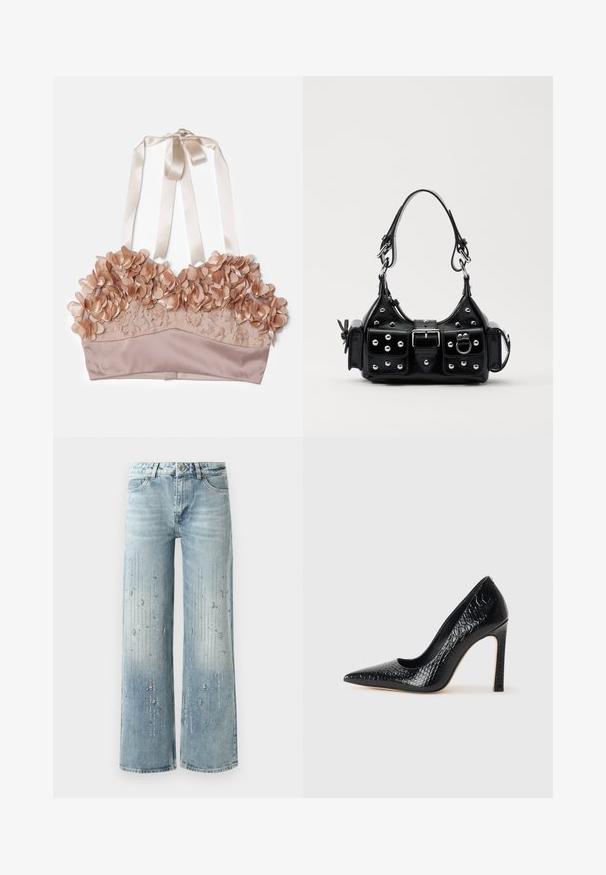 Meztelen színű bralette virágos díszítéssel, csipke anyagból, selyem bélésből és állítható selyem szalagokkal.; Világoskék, bő szárú farmernadrág, amelynek gradiens színátmenete van, és ezüst strasszok díszítik függőleges mintában.; Fekete hegyes orrú magassarkú cipő krokodilbőr textúrával, letisztult dizájnnal, magas tűsarkú és sima fekete belső résszel.; Fekete bőr kézitáska ívelt designnal, ezüst szegecsekkel, csattal és két oldalsó zsebbel. Állítható vállpánt a hordozási lehetőségekhez.