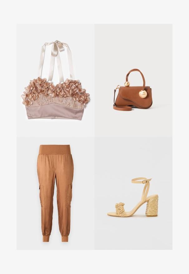 Nude krāsas bralete ar ziedu rotājumiem, mežģīņu audumu, satīna apakškārtu un regulējamām satīna lentēm.; Brūni satīna cargo bikses ar elastīgu jostu, sānu kabatām un sašaurinātiem piedurknēm. Gluda tekstūra un viegls audums.; Bēšas augstpapēžu sandaļi ar pītas faktūras dizainu, kas ietver dekoratīvu ziedu un potītes siksnu. Kvadrātveida papēdis nodrošina stabilitāti.; Burgundijas ādas rokassoma ar viļņotu dizainu, kurai ir divi apaļi zelta akcenti un noņemams plecu siksna, nodrošinot daudzveidīgu nēsāšanu.