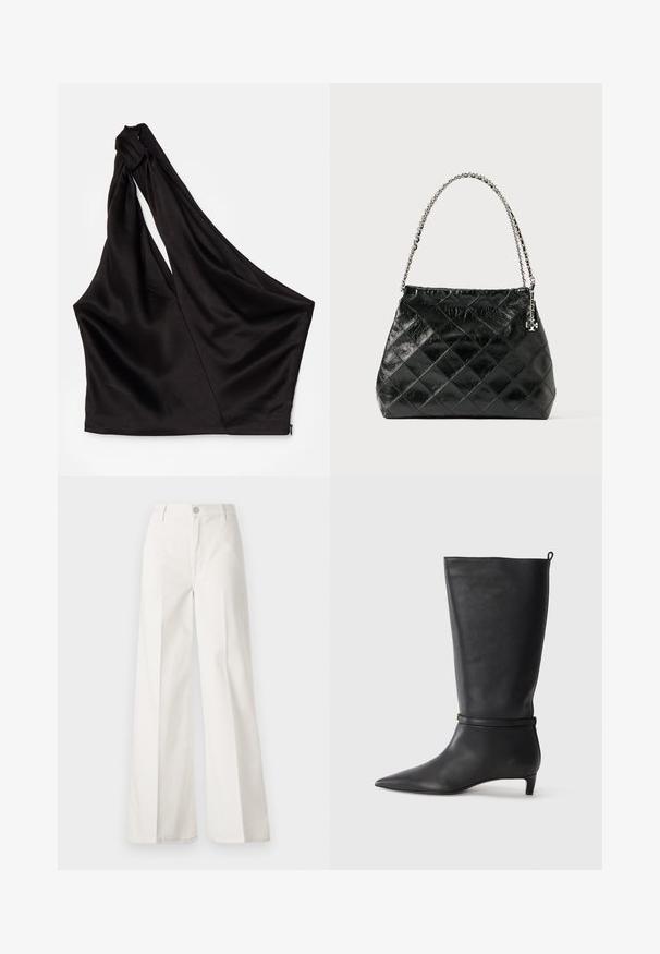 Asymmetrinen musta satiinitoppi, jossa on yksi olkain, drapeerattu muotoilu ja sivussa vetoketju. Pehmeä materiaali.; Valkoiset leveälahkeiset housut, jotka on valmistettu puuvillasta ja joissa on sileä rakenne. Ominaisuuksiin kuuluvat etupainike, vetoketjuluukku ja neljän taskun muotoilu.; Musta nahkainen polvipitkä saapas, jossa on terävä kärki, korostettuna ympyrämuotoisella nauhalla nilkassa ja matala, kapea korko. Sileä pinta.; Musta tikattu nahkalaukku, jossa hopeinen ketjuvannettava, rakenteellinen muotoilu ja sileä pinta.
