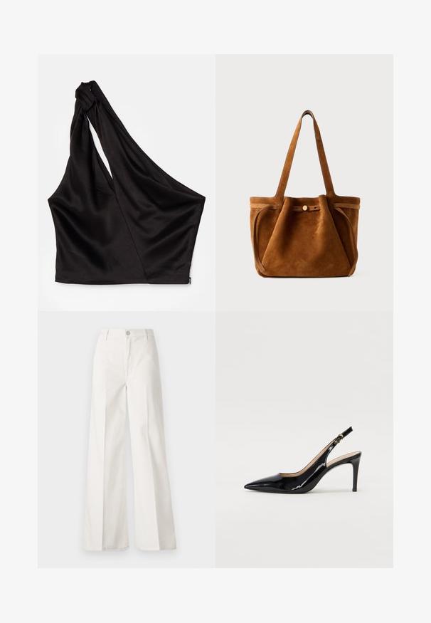 Top asimétrico de satén negro con una sola tirante en el hombro, que presenta un diseño drapeado y cierre con cremallera en el lado. Textura suave.; Pantalones de pierna ancha blancos hechos de algodón con una textura suave. Cuenta con un botón delantero, cremallera y un diseño de cuatro bolsillos.; Zapatos de charol negro con tirante al tobillo, punta afilada, tacón delgado y un diseño de corte sutil. Presenta una hebilla dorada en la correa.; Bolso tote de ante marrón con asas dobles, una correa de cierre con botón y una forma relajada, ligeramente caída.