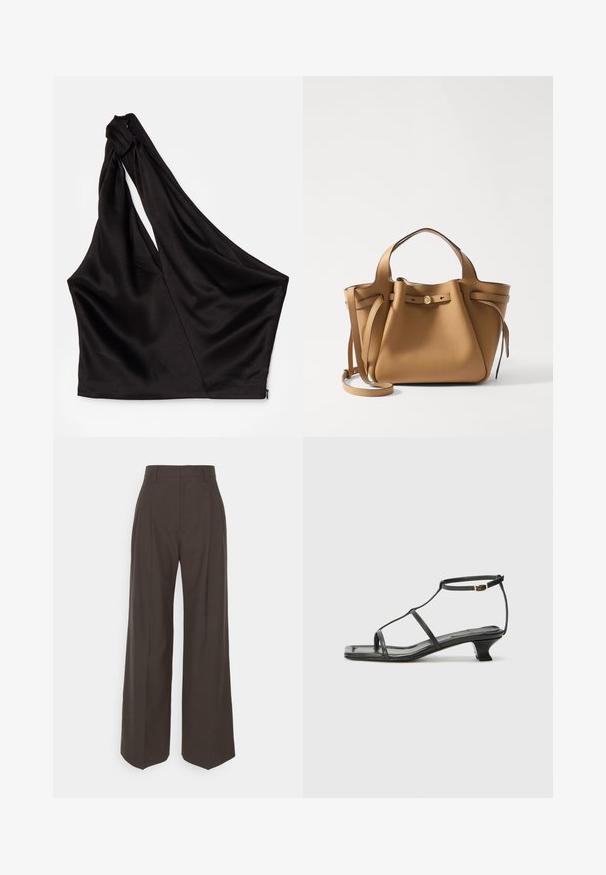 Asymmetrisch zwart satijnen top met een schouderband, met een gedrapeerd ontwerp en een ritsluiting aan de zijkant. Zachte textuur.; Donkerbruine wijde broek met een hoge taille, voorzien van strak geplooide plooien, een zachte textuur en een op maat gemaakte pasvorm.; Zwarte leren sandaal met een vierkante neus, dunne banden, een verstelbare enkelriem en een lage hak. Heeft een kleine gouden accent op de band.; Tory Burch ROMY PEBBLED SATCHEL - Handtas - tiramisu