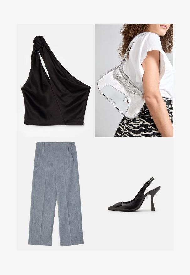 Asümmeetriline must satiinist top, millel on üks õlavarre rihm, drapeeritud disain ja küljerihma tõmblukk. Pehme tekstuur.; Heledad hallid, laiad püksid, mis on valmistatud tekstureeritud kangast, sisaldavad kahte esitaalust ja kahte küljetaskut. Puhtne, kohandatud disain.; Must musta slingback kingad terava ninaga, kitsas kõrge kontsaga ja dekoratiivse lipsu aktsendiga. Sile tekstuur ja voolav disain.; Hõbedane metallist õlakott, millel on sile tekstuur, kaarduv disain, kettrohke ja poleeritud esipaneel, millel on peen logo graveering.; Hõbedased kõrvarõngad voolava spiraalsetega kujunduses. Sile tekstuur poleeritud viimistlusega. Omab peent läiget ja ei oma nähtavaid kaunistusi.