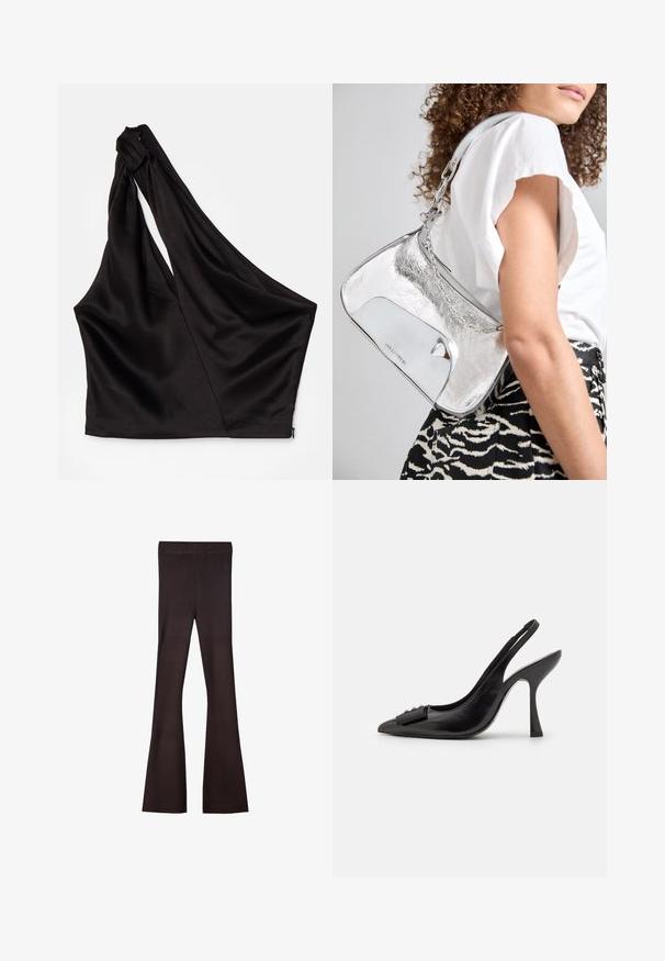 Asymetryczna czarna satynowa bluzka z jednym ramiączkiem, z drapowaną konstrukcją i zapięciem na zamek z boku. Miękka tekstura.; Bershka - Spodnie materiałowe; Czółenka na obcasie z czarnej skóry z odkrytym piętą, o ostrym nosku, smukłym wysokim obcasie i dekoracyjną kokardą. Gładka tekstura i elegancki design.; Srebrna, metaliczna torebka na ramię o gładkiej fakturze, zakrzywionym kształcie, łańcuszkowym pasku oraz wypolerowanej przedniej części z delikatnym grawerem logo.; Srebrne kolczyki o płynnych, spiralnych wzorach. Gładka faktura z polerowanym wykończeniem. Posiadają subtelną poświatę i brak widocznych ozdób.