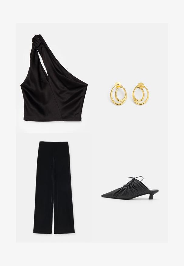 Asimetrična črna satenska bluzica z enim naramnicam, z drapirano zasnovo in zadrgo na strani. Mehak tekstura.; Emporio Armani PANTALONI - Hlače - nero; Črne usnjene sprednje mule s koničastim nosom, zgrčenim teksturiranim dizajnom in majhno mačjo peto. Imajo detajl s vezalko na odprtju.; Zlato obarvani uhani v obliki obroča, ki vsebujejo dva prepletena krožna elementa, gladka površina in zatično zapiranje za varno nošenje.
