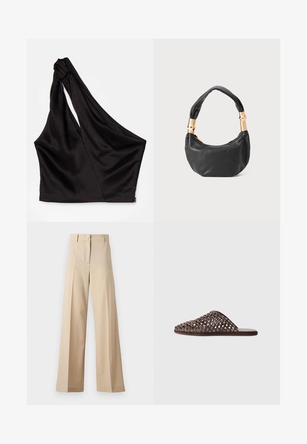 Asimetrisks melns satīna topiņš ar vienu plecu siksnu, ar piegriezumu drapējuma stilā un rāvējslēdzēju sānos. Mīksta tekstūra.; Bēža platā kāju bikses, izgatavotas no gludas auduma, ar plakanu priekšpusi un krokām, ar rāvējslēdzēja aizdari un jostu cilpām. Visā garumā pielāgota piegriezuma.; Brūni austs slaidu sandales ar noapaļotu pirkstu, atvērtu dizainu, plakanu zoli un teksturētu virsmu. Viegls materiāls un minimālistiska siluets.; Melnas ādas rokassoma ar apaļu formu, mīkstu tekstūru un mezgla rokturi, kas rotāts ar zelta tonētiem aksesuāriem. Ar rāvējslēdzēja aizdari.