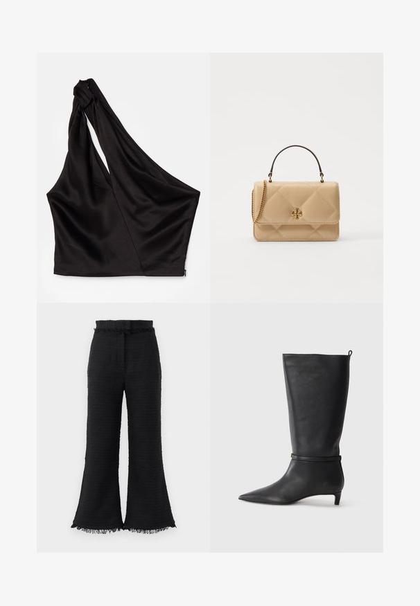 Asymmetrinen musta satiinitoppi, jossa on yksi olkain, drapeerattu muotoilu ja sivussa vetoketju. Pehmeä materiaali.; Mustat leveät housut, joissa on teksturoitu kangas, repsottava helma ja joustava vyötärö. Suunnittelussa on sileä pinta ja rento istuvuus.; Musta nahkainen polvipitkä saapas, jossa on terävä kärki, korostettuna ympyrämuotoisella nauhalla nilkassa ja matala, kapea korko. Sileä pinta.; Beige nahkakotelo, jossa on kultaiset yksityiskohdat, ketjuhihna ja ylhäällä oleva kahva. Siinä on etukuljettaja ja allekirjoituslogo-yksityiskohta.