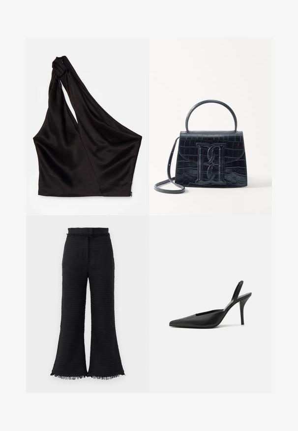 Asymmetrisches schwarzes Satin-Oberteil mit einem einzelnen Schulterriemen, ausgestattet mit einem drapierten Design und einem Reißverschluss an der Seite. Weiche Textur.; Schwarze weite Hosen aus strukturiertem Stoff, mit ausgefranstem Saum und elastischem Bund. Das Design zeichnet sich durch eine glatte Oberfläche und einen lässigen Schnitt aus.; Schwarze Slingback-Absatzschuhe mit spitzem Fuß, aus glattem Leder und einem eleganten, minimalistischen Design. Hoher Stiletto-Absatz.; Schwarze Handtasche aus Krokodilprägung mit strukturiertem Design, Oberhandgriff, verstellbarem Tragegurt und einem auffälligen Logo-Detail auf der Vorderseite.