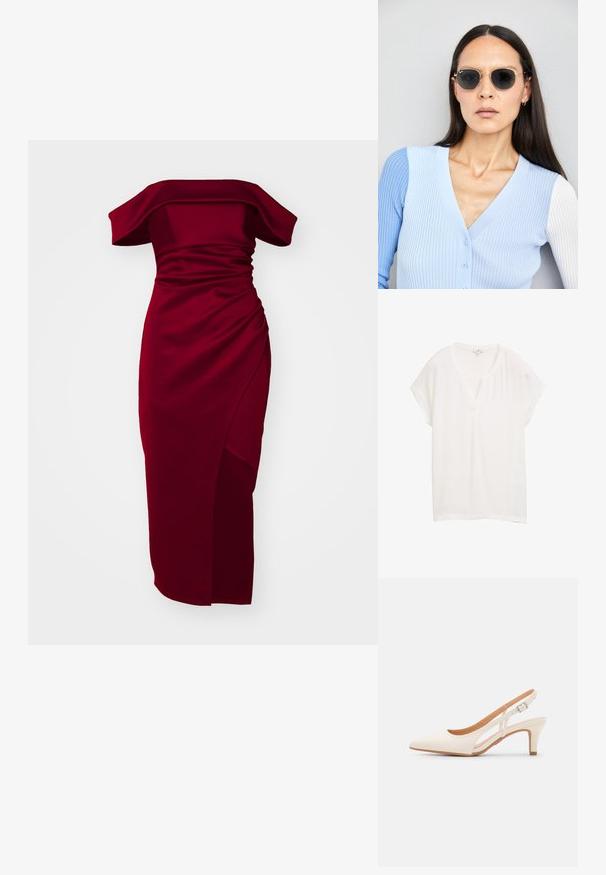 Weißes Kurzarmoberteil mit V-Ausschnitt und lässiger Passform. Hergestellt aus leichtem Material, hat es einen dezenten Glanz und eine glatte Textur.; Burgunderfarbene, schulterfreie Kleid mit geraffter Textur, figurbetontem Schnitt und seitlichem Schlitz, aus einem glatten, dehnbaren Stoff gefertigt.; Weiße Slingback-Absätze mit spitzer Zehenpartie, glattem Obermaterial, niedrigem Blockabsatz und seitlichem Ausschnitt-Design mit verstellbarem Schnallenriemen.; Runde Sonnenbrillen mit dunklen Gläsern und goldenen Rahmen. Das Modell trägt eine hellblaue, gerippte Strickjacke mit Knöpfen und weißen Kontrastärmeln.; Michael Kors Clutch in beige beschichtetem Canvas mit einem wiederholten MK-Logo-Muster, goldfarbener hardware und einem abnehmbaren Kettenriemen.