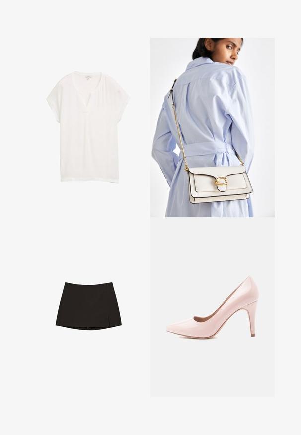 Top bianco a maniche corte con scollatura a V e vestibilità morbida. Realizzato in tessuto leggero, presenta una leggera lucentezza e una texture liscia.; Top asimmetrico di colore teal realizzato in tessuto morbido e leggero. Presenta dettagli drappeggiati su un lato e un orlo dritto sull'altro.; Mini gonna nera con taglio dritto e leggero spacco laterale. Realizzata in tessuto morbido, presenta un orlo pulito e un design minimalista.; Décolleté in vernice rosa con punta affusolata e silhouette slanciata, dotata di tacco a stiletto di 10 cm e finitura liscia.; Borsa a tracolla in pelle bianca con dettagli dorati, patta frontale e bordi neri, dotata di una tracolla a catena indossata a croce su una camicia azzurra chiara.