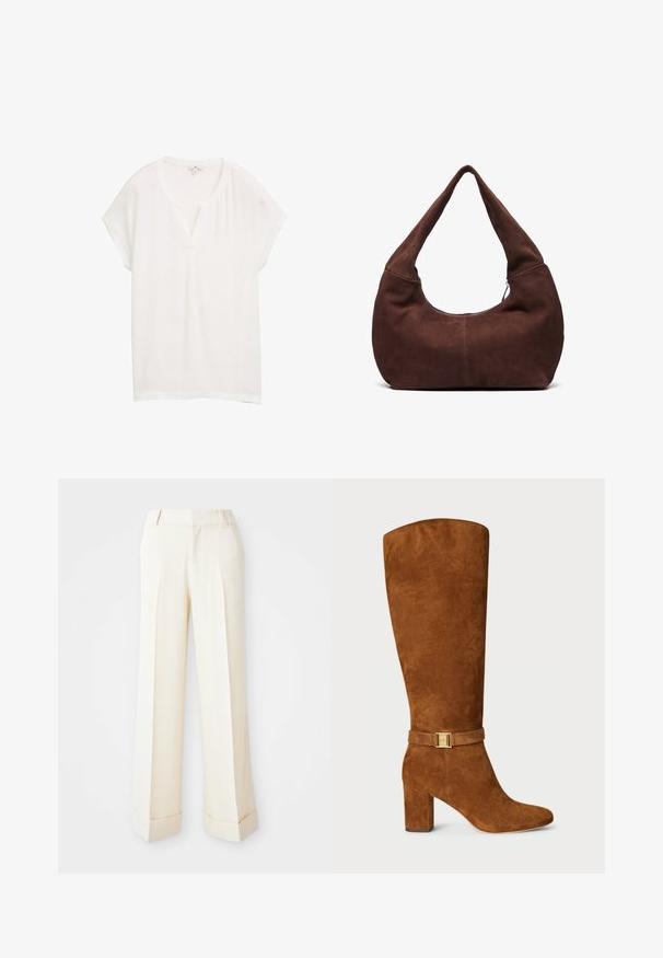 White short-sleeve top with a V-neck and relaxed fit. Made from lightweight fabric, features a subtle sheen and smooth texture.; Beige wide-leg trousers with a smooth texture, front pleats, and folded cuffs. Features belt loops and a zip fly closure.; Brown suede knee-high boot with a square toe, chunky heel, and a gold-tone buckle detail on a matching suede strap around the ankle.; Brown suede hobo bag with a curved, wide handle and a large opening. Soft texture with visible stitching detailing along the edges.