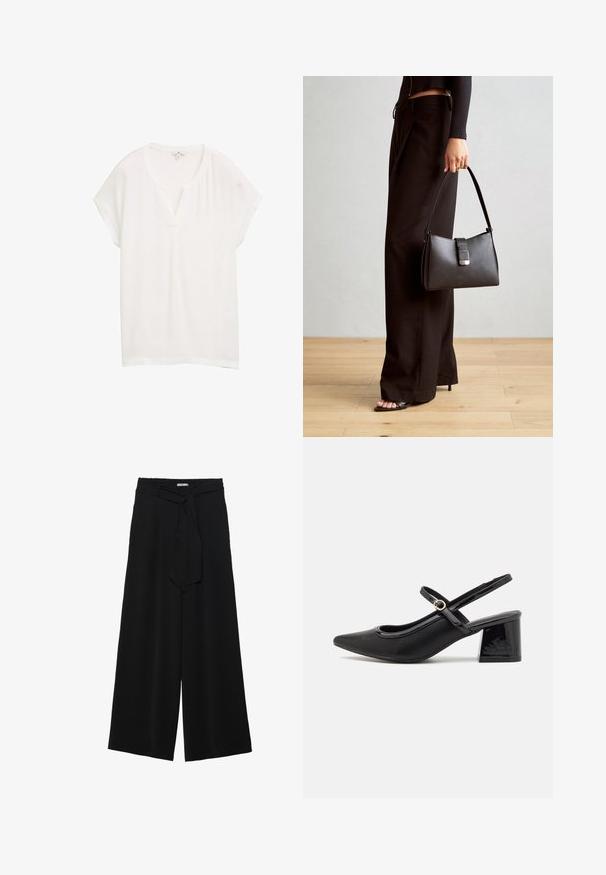 Weißes Kurzarmoberteil mit V-Ausschnitt und lässiger Passform. Hergestellt aus leichtem Material, hat es einen dezenten Glanz und eine glatte Textur.; Schwarze weite Hosen aus strukturiertem Stoff, mit elastischem Bund und einem abnehmbaren Bindegürtel in der Taille für eine verstellbare Passform.; Schwarze Lackleder-Slingback-Absätze mit spitzer Zehenform, einem runden Ausschnitt-Design und einem Blockabsatz. Mit einem goldfarbenen Schnallenakzent.; Schwarze Handtasche mit strukturierter Form, glatter Textur und einem metallischen Verschluss. Kombiniert mit weiten schwarzen Hosen und offenen Sandalen auf einem Holzboden.