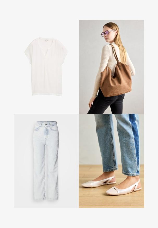 Fehér, rövid ujjú felső V-nyakkal és laza fazonnal. Könnyű anyagból készült, finom fényű és sima tapintású.; Világoskék, magas derekú farmernadrág, egyenes szárú fazonnal, denimből készült. Gombos zipzárral, öt zsebes kialakítással és finoman elhalványodott textúrával rendelkezik.; Világos rózsaszín slingback laposlábú cipők, hegyes orral, sima bőrhatású anyagból készült. Oldalt kivágott részletek találhatók rajta, valamint lapos sarkú.; Barna velúr vászontáska puha textúrával, nagy nyílással és hosszú pántokkal. Egyszerű dizájnnal rendelkezik, látható varrással és nincs rajta fém alkatrész.