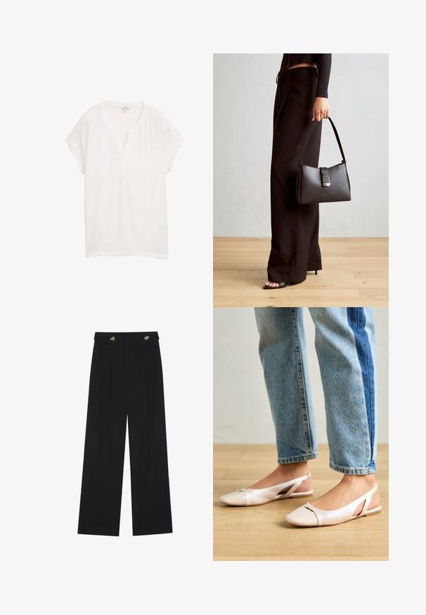 Balts īsām piedurknēm tops ar v-veida kakla izgriezumu un brīvu piegrieza. Izgatavots no viegla auduma, tam ir smalka spīduma un gluda tekstūra.; Melnas platās bikses ar augstu jostasvietu, pogu detaļām uz jostas un priekšējām krokām.; Bālti rozā siksniņu dzīvokļi ar smailu purngalu, izgatavoti no gludas ādas līdzīgās materiāla. Iezīmē izgriezumu detaļas sānos un platu papēdi.; Melnā somiņa ar strukturētu formu, gludu tekstūru un metālu sprādzi. Saskaņota ar platām melnām biksēm un sandālēm ar atvērtu purngalu uz koka grīdas.