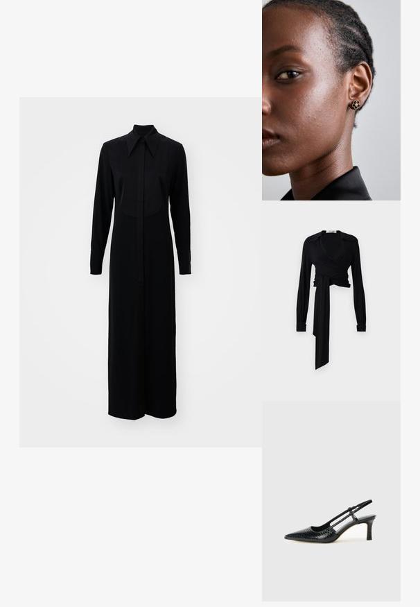 Must hele varrukatega must pluus, laia krae ja vöödetailiga taljes. Valmistatud siledast kangast, millel on kerge tekstuur.; Must mustrikk musti varrukatega kleit, millel on nööbid ees, klassikaline krae ja sirge siluett, valminud siledast kangast.; Mustmust paelad, millel on terav varvas, tekstuuriga maduprindiga, reguleeritav rihm ja lühike tekstuuriga plokknina.; Must mustriga mustriga nahk käekott koos kogutud tipuga, kuldne ahel ja ristkülikuline kuju, hoitakse lihtsa tausta vastu.; Kuldne lillemotiiviga stud-kõrvarõngas, millel on tekstureeritud must keskus ja delikaatne detailide töö. Mudeli puhas nahk ja sasis juuksed on näha külgmises vaates.