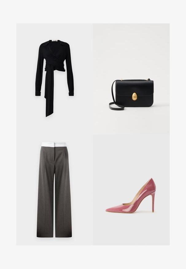 Blusa nera avvolgente con maniche lunghe, colletto a punta e dettagli legati in vita. Realizzata in un tessuto liscio con una texture leggera.; Pantaloni a gamba larga grigio scuro con righe verticali. La vita è bianca ed elastica, creando un dettaglio di contrasto.; Pump in pelle verniciata rosa con tacco alto, punta affusolata e silhouette elegante, caratterizzato da un dettaglio a taglio e un tacco a stiletto.; Borsa a tracolla in pelle nera con forma rettangolare strutturata. Presenta una chiusura ovale dorata e una sottile tracolla. Texture liscia.