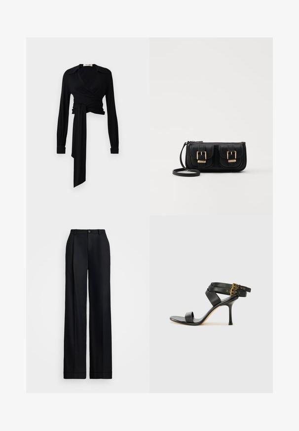 Svart innpakningsbluse med lange ermer, sprettkrage og knytedetalj i midjen. Laget av et glatt stoff med lett tekstur.; Svart vide bukser med en glatt finish, flat front, beltehemper og en enkelt knapplukking i midjen.; Svarte hælsandaler med kryssende stropper og justerbar spenne. Har en jevn tekstur og avsmalnende stilettoklakk.; Svart skinn crossbody veske med to frontlommer, gyldne spenner, glidelåslukking og en slank stropp. Teksturert overflate og kompakt rektangulær form.