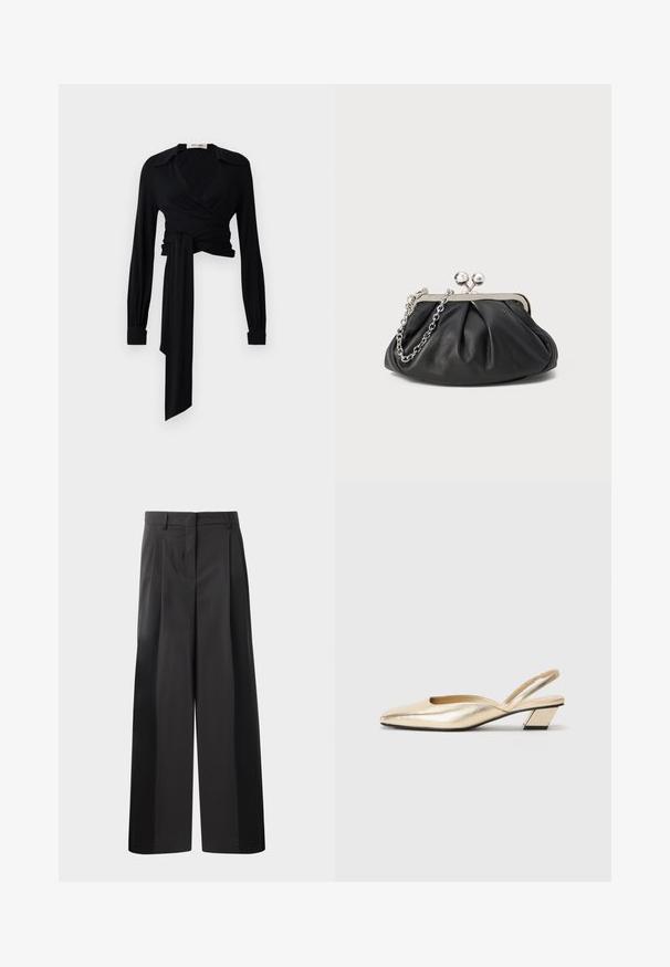Musta kietoutuva paita pitkillä hihoilla, avopantakolla ja vyötäröllä solmittavalla yksityiskohdalla. Valmistettu sileästä kankaasta, joka on kevyt tekstuuriltaan.; Mustat, leveälahkeiset housut korkealla vyötäröllä, etupleiteillä, sileällä pinnalla ja huolitellulla viimeistelyllä. Suunniteltu rentoon istuvuuteen.; Metalliset kultaiset slingback-korkokengät, joissa on terävä kärki, matala loivakorko ja sileä pinta. Minimalistinen muotoilu, jossa on leikattu sivuyksityiskohta.; Mustan nahkainen clutch, jossa on rypistetty rakenne, hopeanvärinen metallikehys, suukko-lukko ja ketjuhihna. Sileä, pehmeä pinta.
