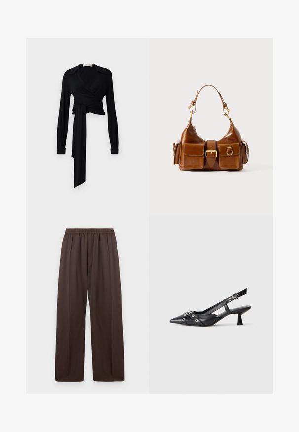 Blusa preta envelopada com mangas longas, colarinho espalhado e detalhe de laço na cintura. Feita de um tecido suave com uma textura leve.; Calças largas castanhas com cintura elástica e discretos pregas frontais, exibidas de forma plana contra um fundo branco.; Sapato slingback em couro preto com biqueira fina, tiras decorativas com ilhós de metal e um pequeno salto quadrado. Superfície texturizada.; Mala de mão em couro castanho com formato curvo, com acessórios em tom dourado duplo, dois bolsos frontais e uma alça larga. Textura suave com um acabamento elegante.