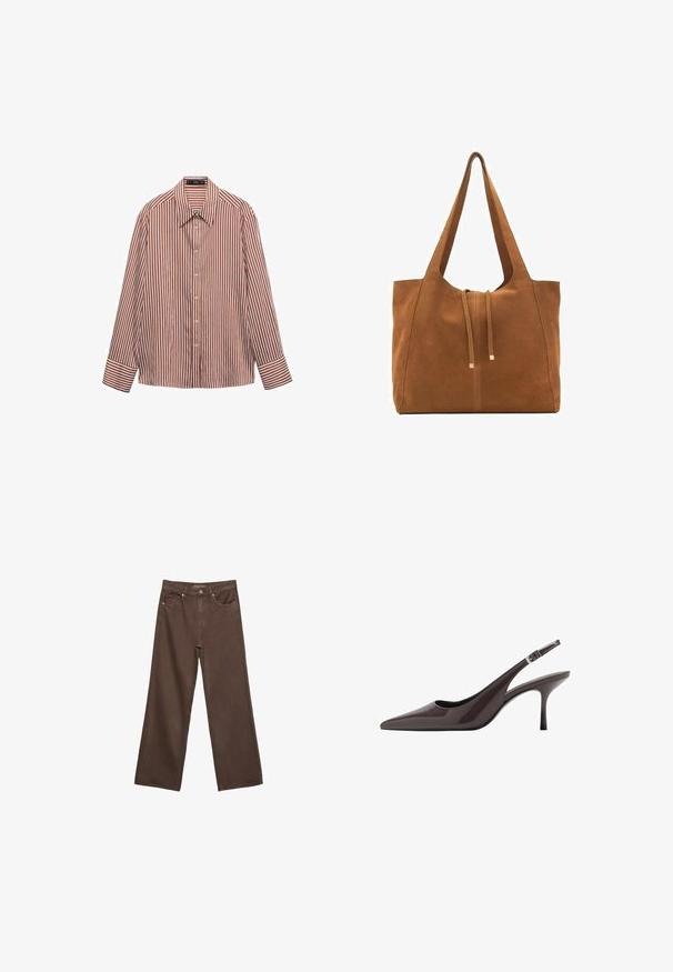 Lange mouwen overhemd met een rood en wit verticale streep patroon, gemaakt van lichtgewicht stof, met een klassieke kraag en manchetten.; Brede bruine spijkerbroek van denim, met een hoge taille, voorzakken en een klassieke knoopsluiting. Soepele textuur met subtiele stiksels.; Puntige slingback hakken in donkerbruin lakleer, met een slanke hoge hak en een verstelbare enkelband met een gesp.; Bruine suède schoudertas met twee lange hengsels, trekkoordsluiting en minimalistisch ontwerp. Gladde textuur en geen zichtbare hardware-accenten.
